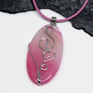 Pink Banded Agate Wire Wrapped Gemstone Pendant with Leather Necklace Cord - 25mm x 55mm