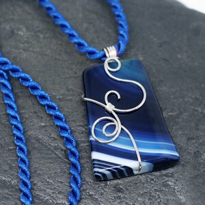 Blue Banded Agate Wire Wrapped Gemstone Pendant - 30mm x 47mm