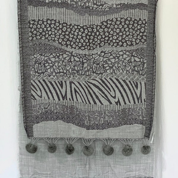 Grey Designer shawl,  Pure woollen winter shawl,  fur ball woollen wrap, Luxurious leather fringe shawl, Animal pattern pom pom  shawl.