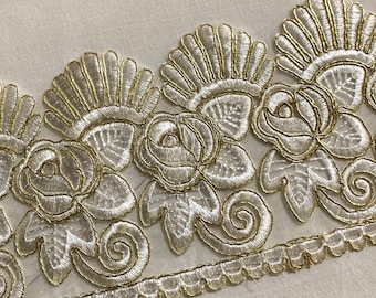 Cream n Gold trim, silk Embroidered trim, fine golden cord trim, sheer organza trim, formal wear trim, home decor trim.