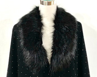Extra Wide Black fur collar shawl, Silver crystal shawl, Designer Modal shawl, Black Open shawl, Woman Luxurious formal winter shawl.