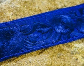 Raw Silk Trim - Navy blue Silk Trim with Floral Matching Thread Embroidery