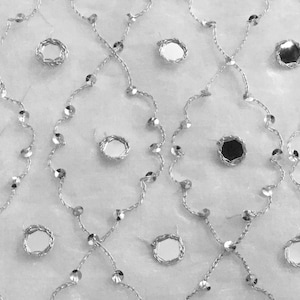 White Bridal Fabric, Hand Embroidered Organza Fabric, white n Silver Sheer Organza, Silver embroidery, Formal wear fabric, Sewing fabric.