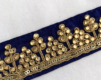 Navy Blue Trim -  Golden Crystals Trim - Embroidered Trim - Golden Trim - Formal wear trim - Border Trim - Navy n Gold trim.