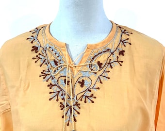 Large size Orange terry cotton Embroidered kaftan, long sleeves, long kaftan top,