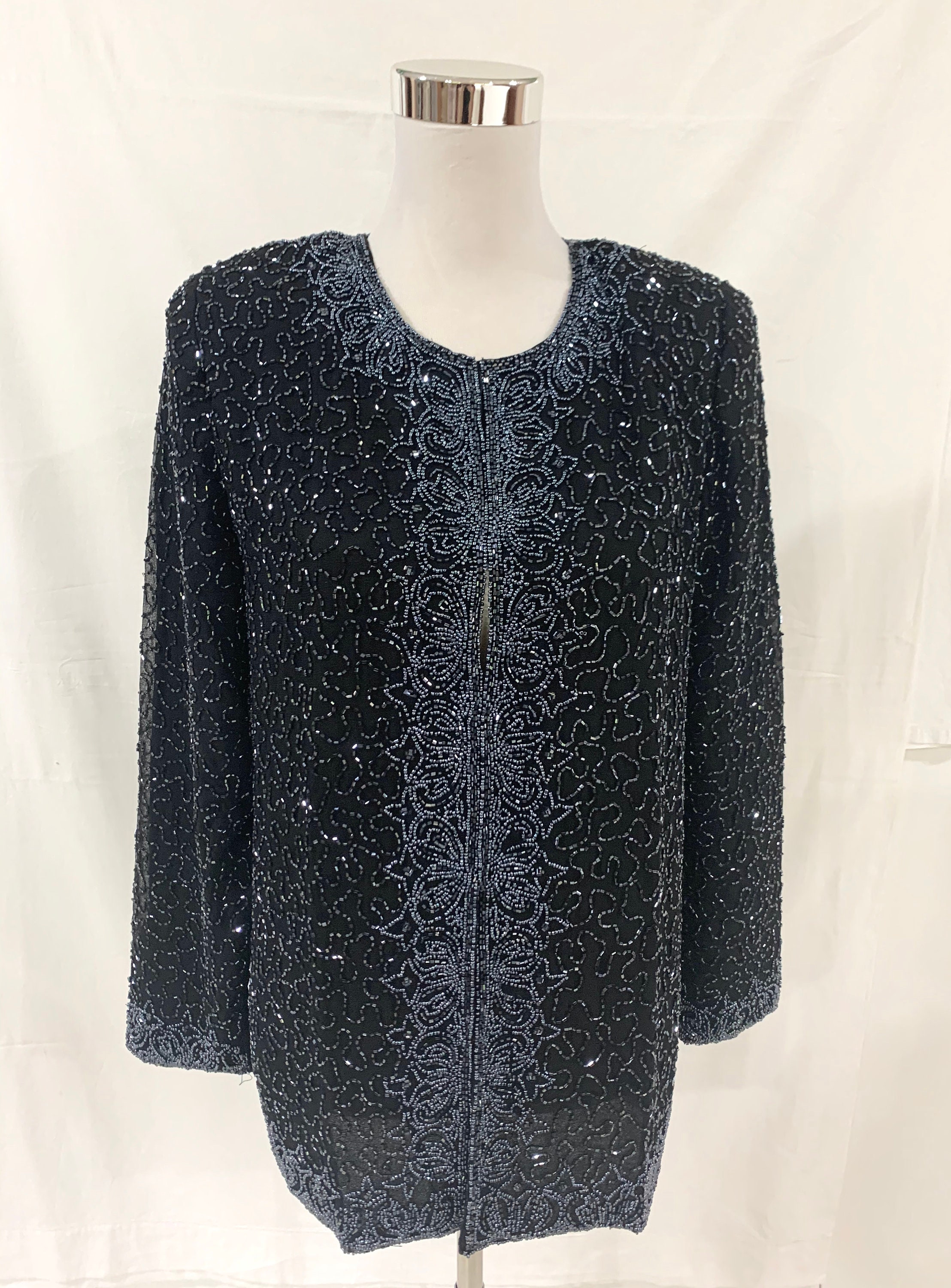 Black Georgette Jacket,grey Beaded Jacket, Hand Beaded