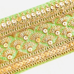 Morbido verde ricamato raw Silk Trim, Oro Metallic Sequins Filo d'oro, Tradizionale Confine Indiano Sari, Costume Danza del Ventre, Cucito Trim