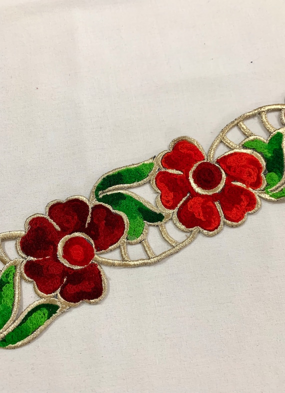 Wide Lace Trim, Red cut work trim, Border Trim, Red n Maroon Embroidered trim,  Light Golden lace, Floral trim, Home Decor trim.