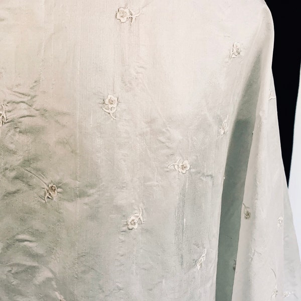 Dupioni Silk - Girls Summer Dress - Bridal Dress Fabric - Wedding Gown Fabric - White Silk Fabric - Embroidered Fabric -Beaded White Flowers