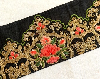 Black Embroidered Trim, Golden Cord Embroidery, Traditional Border,  Boho Costume Trim, Raw silk trim, Floral embroidery, Home decor trim.