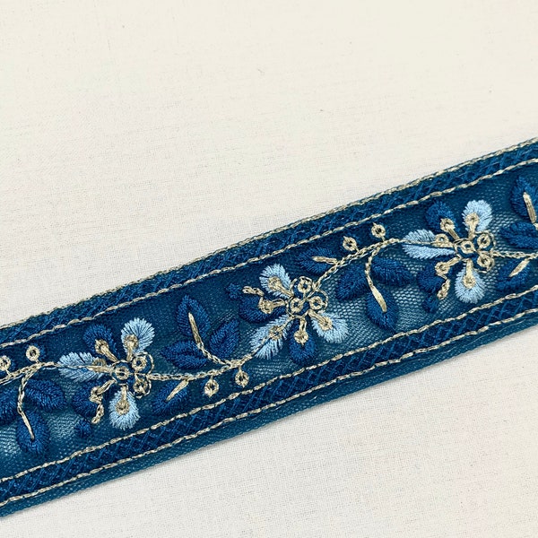 2 yards of Teal Blue trim, 2 tone Teal Blue trim, Teal Blue n Gold embroidered trim, Party trim, Border trim, Tulle base Home decor trim.