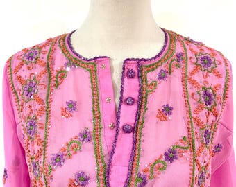 Small size  Boho Luxe Hot Pink Hand-Embroidered Kaftan Tunics with Sequin Accent and Crochet Details.  Summer wear multicolour Top.