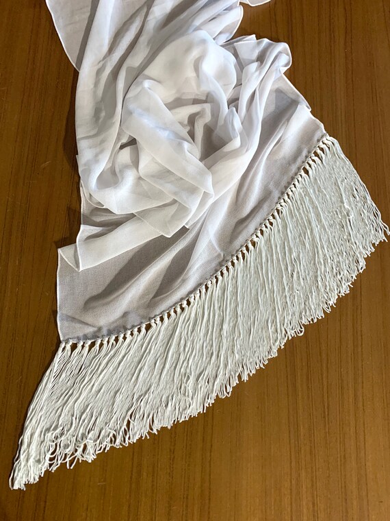 Basic white shawl, plain white fringed shawl, must have White shawl, Evening wear white shawl, White Georgette shawl, all season shawl.