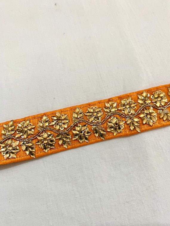 Orange Embroidered Raw Silk Trim, Gold Crystals Floral Style,Golden Chord, Traditional Indian Sari Border, Belly Dance Costume, Boho Trim