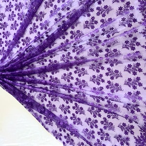 Purple Tulle Fabric, Embroidered fabric, Silk Thread n Sequins Embroidery, Floral Lace Material, Formal wear fabric, Home Decor Fabric.
