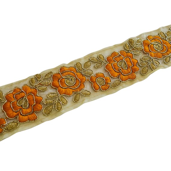 Embroidered Floral orange trim with cotton & metallic threads - Pink Floral Trim