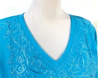 Aqua Blue cotton Kaftan, Summer kaftan top, Turquoise embroidered top. Aqua blue embroidered kaftan top,
