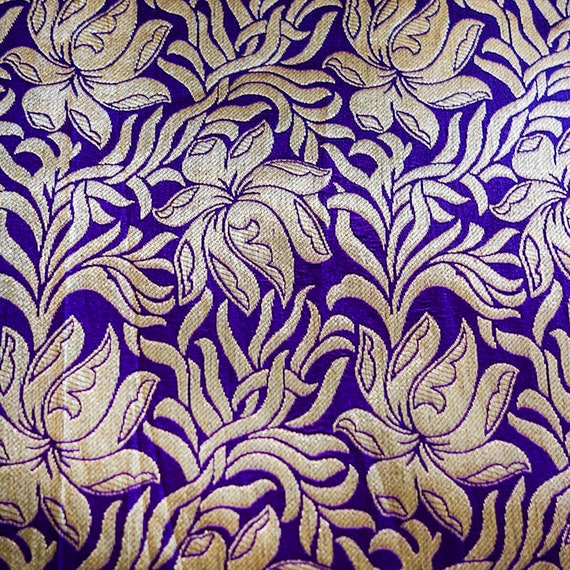 Jacquard Fabrics -  Art Silk Fabric - Girls Summer Dress - Purple and Gold Art Silk Jacquard Fabric