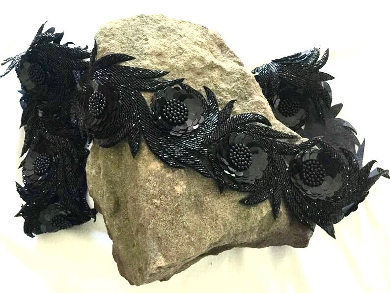 Black Beaded Trim, 3 Dimensional Trim, Hand Embroidered Trim, Formal wear trim, Designer trim, High Fashion trim, cur work trim. image 7