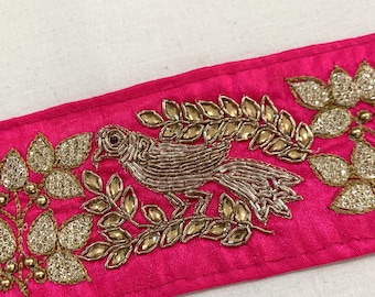 Hot Pink Silk Trim, Pink n Gold Art Silk Hand Embroidered Trim, Formal n Casual wear Trim, Gold Birds Trim, Border Trim, Home Decor Trim.