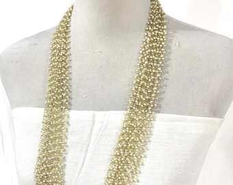 Crocheted Gold Wire and Pearly Seed Bead Multi-Way Long Necklace / Collar Necklace, Multi strand Long and light Opera Strand