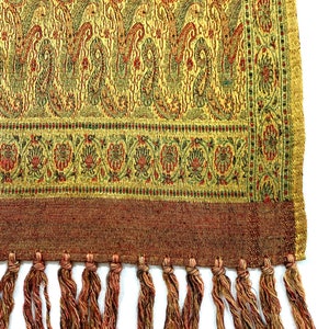 Long Golden silk wool shawl, hand woven Paisley shawl, formal n casual wear shawl, gifting shawl, jacquard shawl, golden n Red n Green shawl image 3