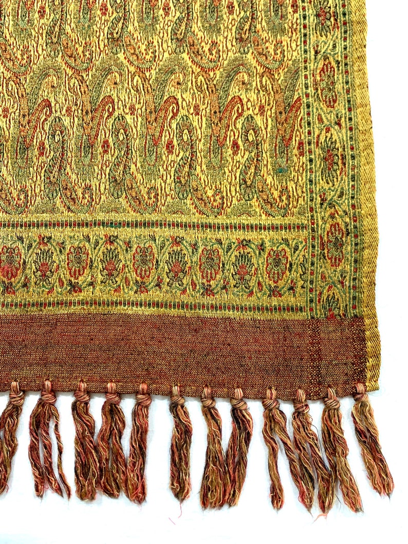 Long Golden silk wool shawl, hand woven Paisley shawl, formal n casual wear shawl, gifting shawl, jacquard shawl, golden n Red n Green shawl image 3