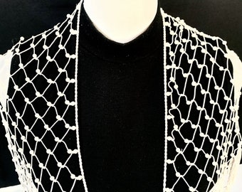 White triangular scarf, white mesh scarf, hand knotted triangular scarf, hand beaded scarf, fringed scarf
