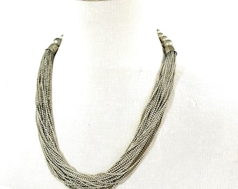 Vintage Oxidized Silver Multi Chain Waterfall Bib Necklace, Bohemian Liquid Silver Tassel-Style Multi-Strand Collar Necklace.