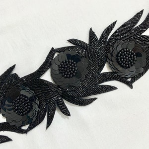 Black Beaded Trim, 3 Dimensional Trim, Hand Embroidered Trim, Formal wear trim, Designer trim, High Fashion trim, cur work trim. image 1