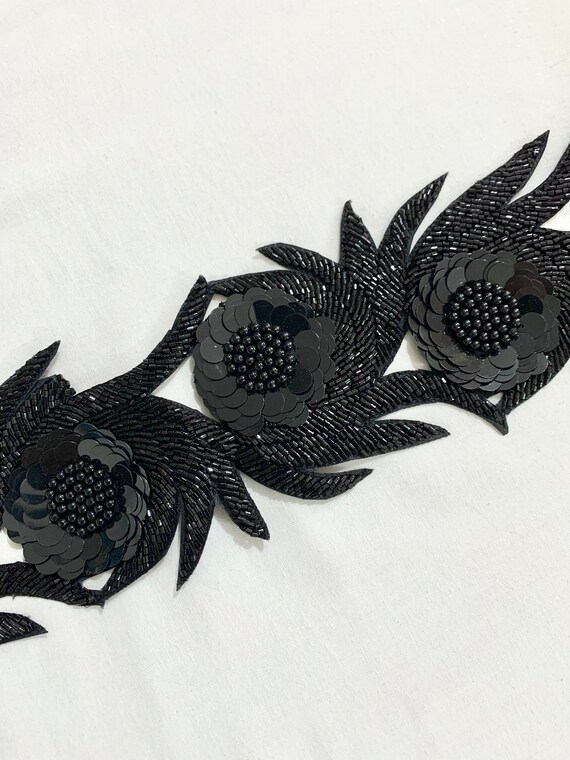 Black Beaded Trim, 3 Dimensional Trim, Hand Embroidered Trim, Formal wear trim, Designer trim, High Fashion trim, cur work trim.
