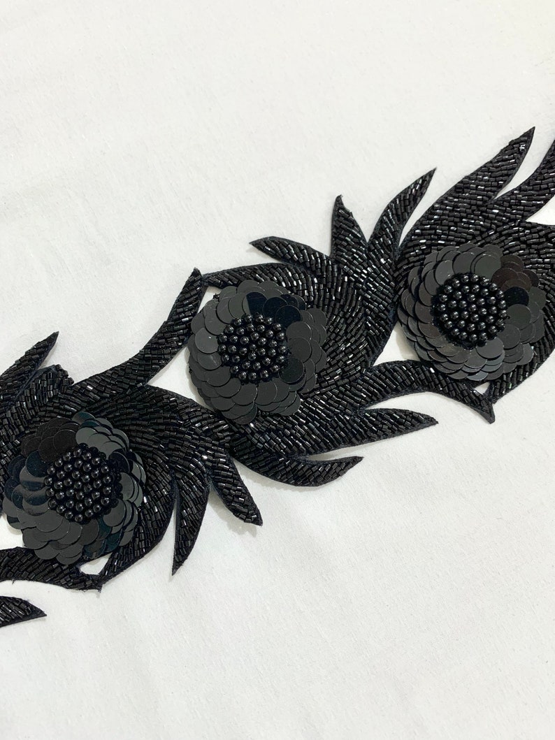 Black Beaded Trim, 3 Dimensional Trim, Hand Embroidered Trim, Formal wear trim, Designer trim, High Fashion trim, cur work trim. image 1