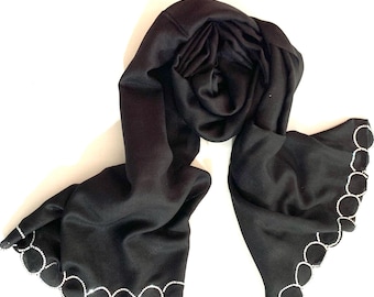 Wide Black Silk wool formal shawl, Classic black crystal Circle Detailed edges Wrap/shawl.