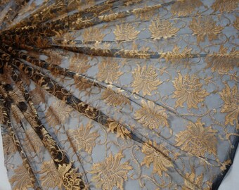Black Lace Fabric - Party Dress Fabric - Floral Print Fabric - With Floral Copper Pattern