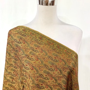 Long Golden silk wool shawl, hand woven Paisley shawl, formal n casual wear shawl, gifting shawl, jacquard shawl, golden n Red n Green shawl image 1