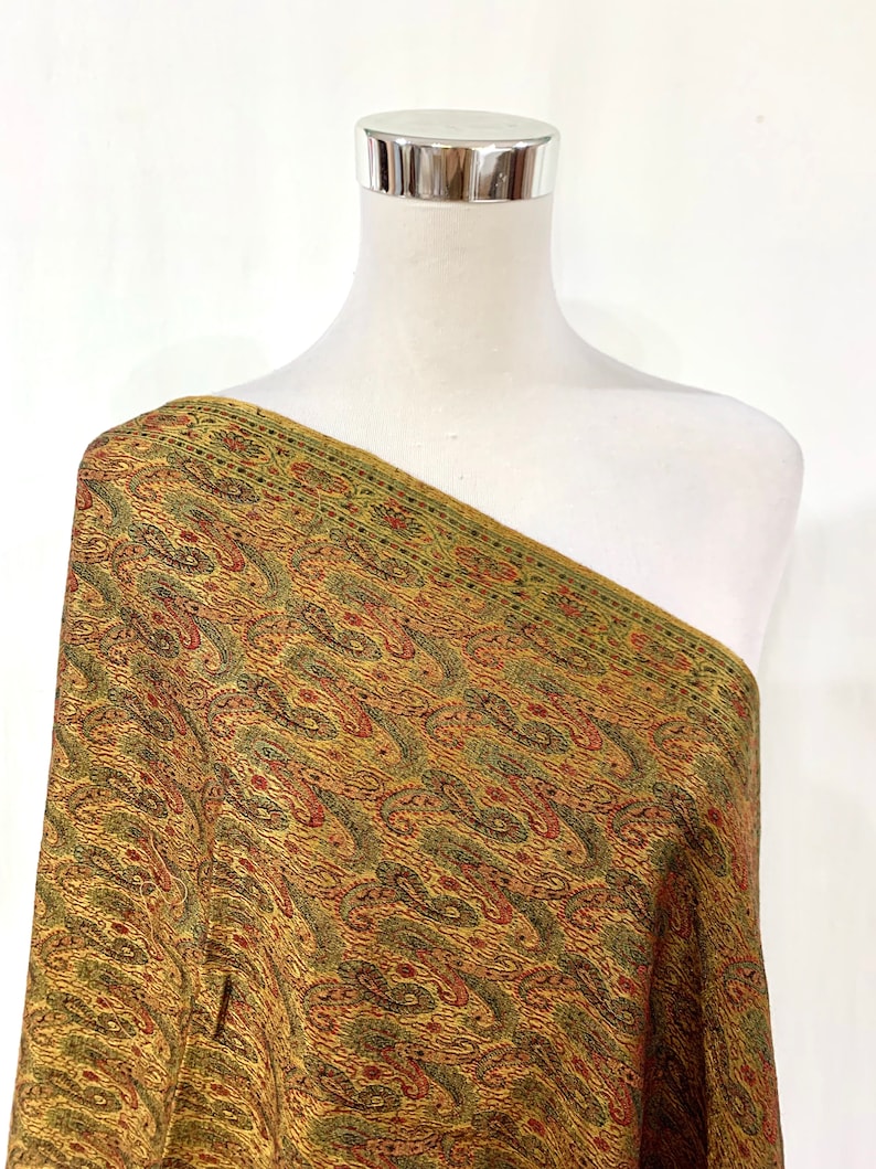 Long Golden silk wool shawl, hand woven Paisley shawl, formal n casual wear shawl, gifting shawl, jacquard shawl, golden n Red n Green shawl image 1