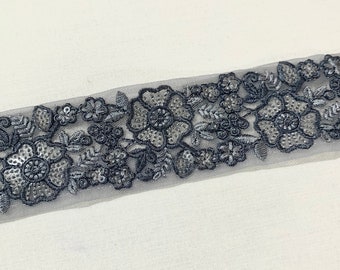 Grey trim, Steel Grey embroidered trim, Luxurious tulle border trim, formal wear trim, Home decor trim.