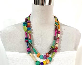 Extra Long Multi Colour Hand Carved Bone Bead Necklace, Handcrafted Rainbow Dyed Bone Layering Strand.