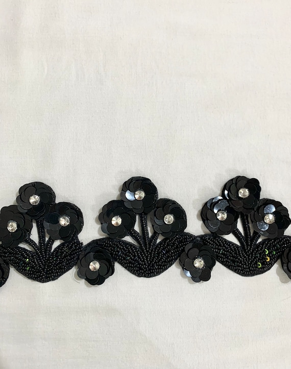 Black hand beaded trim, 3 Dimensional Trim, Cut Work trim, Sequins trim, Discs & Rhinestones trim, formal wear trim, Edging trim.