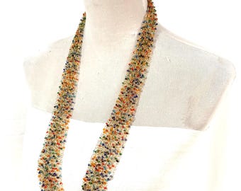 Crocheted Gold Wire and Multicolour Seed Bead Multi-Way Long Necklace / Collar Necklace, Multi strand Long and light Opera Strand
