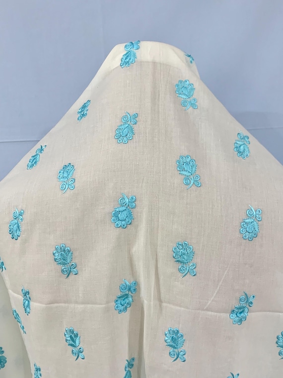 White Terry Cotton Fabric, Embroidered fabric, White n Blue Fabric, Floral Fabric, DIY Sewing fabric, Cool Feel Good Fabric, Home Decor.