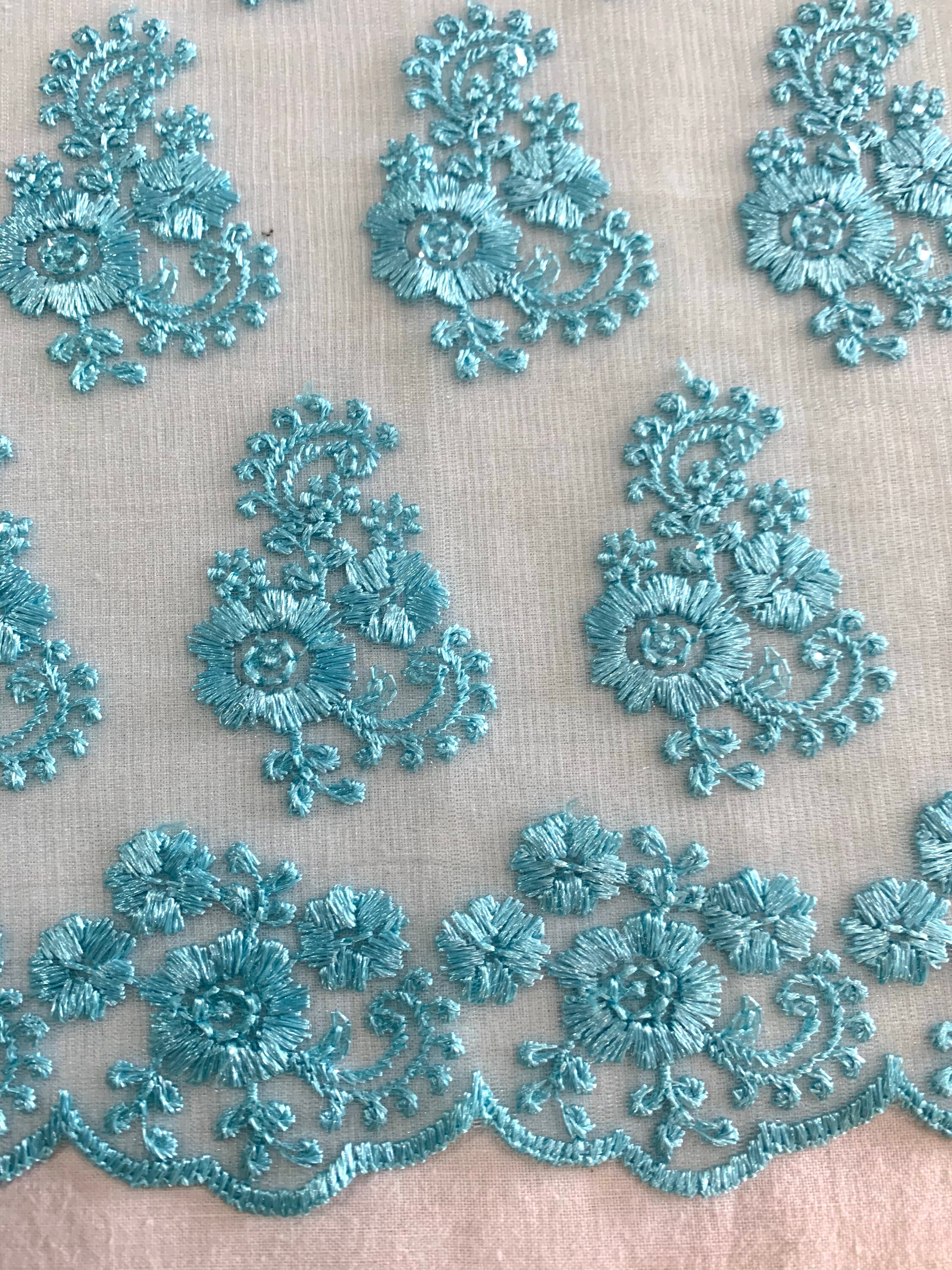 Blue Embroidered Tulle Fabric Silken Thread Sheer Scallop | Etsy Australia