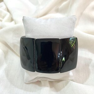 Handcrafted Black Horn Stretch Bracelet, Wide Curved Panel Cuff, Minimalist Natural Horn Bangle, Bold Artisan Statement Gift for her.