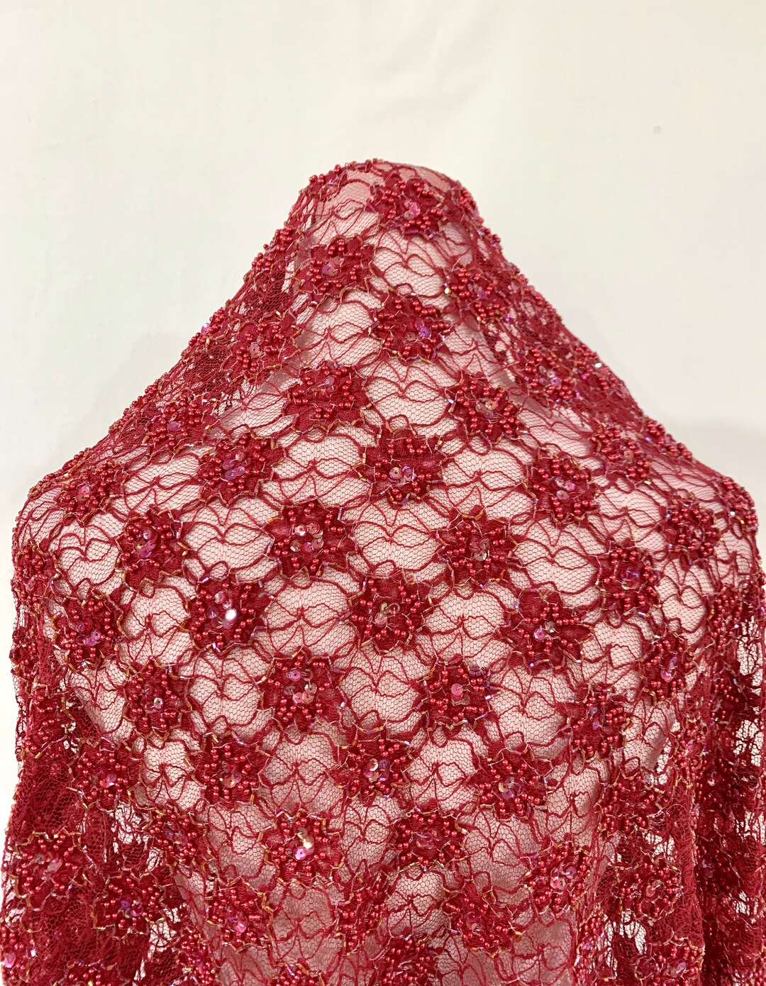 Red Lace Fabric, Red Embroidered Fabric, Hand Embroidered Lace, Red ...