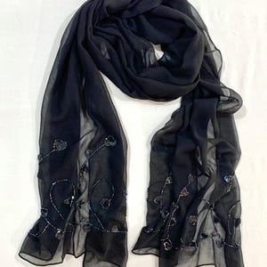 Black Georgette shawl, Hand embroidered black shawl, Georgette Hijab Shawl, Formal wear shawl, Hand beaded Black wrap, Feel good Black wrap.