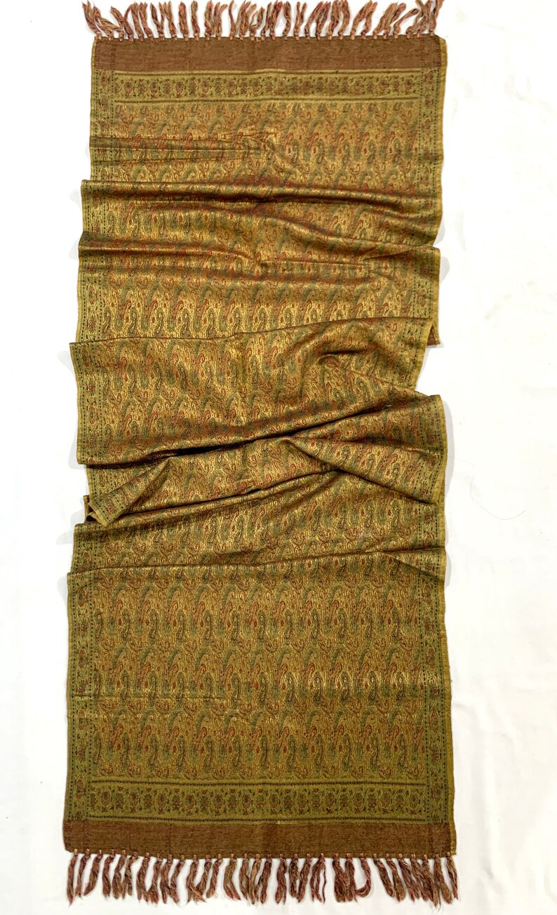 Long Golden silk wool shawl, hand woven Paisley shawl, formal n casual wear shawl, gifting shawl, jacquard shawl, golden n Red n Green shawl image 8
