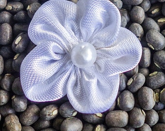 White small Shiny Gathered Woven Ribbon Flower with Pearl Centers
