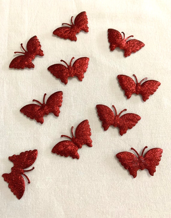 Glittery Butterfly Fabric Appliques, Set of 10 Sparkly Butterflies  Decorative Craft Sewing Tinselled Patches Red Butterfly Appliques 