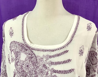 White & Lavender Embroidered Georgette Top, Chikankari Paisley Viscose Georgette Kaftan Tunic.