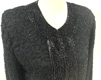 Black  silk  Jacket,Black beaded Jacket, hand beaded jacket,Cocktail Jacket, women Jacket,all season Jacket.
